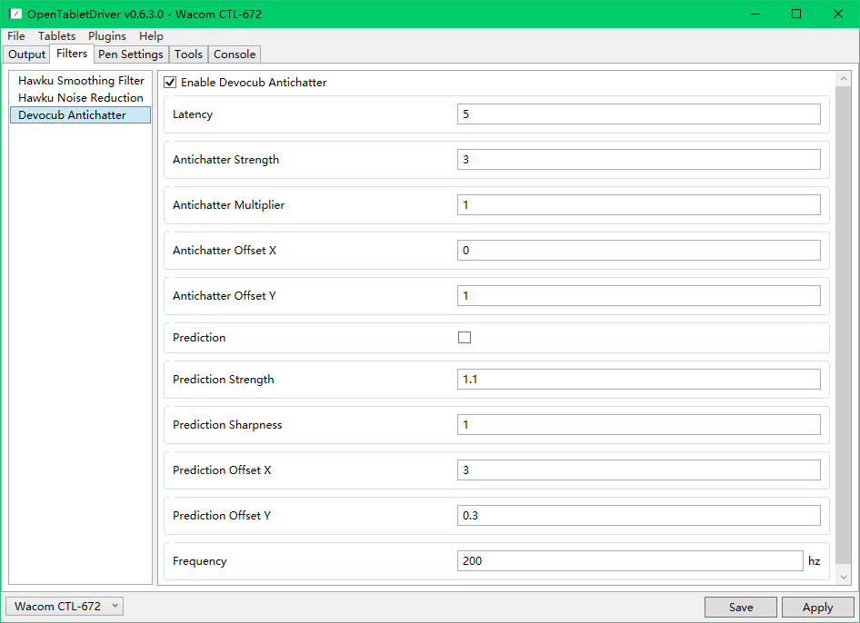 OpenTabletDriver的过滤器设置界面，设置Devocub Antichatter的参数。设置成你自己觉得舒服的参数就好，建议从默认参数慢慢改。这个ALT标签的文本是我手打的就不按图说明了